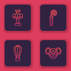 Set line Attraction carousel, Hot air balloon, Birthday party horn and Monkey. Blue square button. Vector