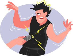 Aggressive male, perpetrator is stopped with stun gun. Stock vector illustration