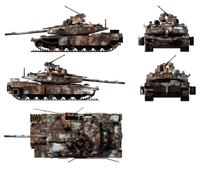 3d-renders of destroyed US modern tank prototype Abrams-X isolated on transparent background