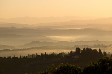 Scenic view of Val d'Orcia in green hills at golden hour in Tuscany, Italy