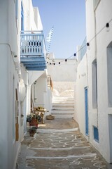 Closeup of white buildings on a sunny day in Milos island, Greece