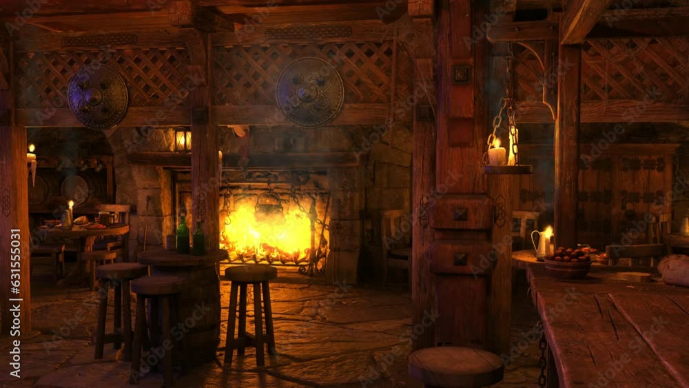 Fototapete view from the bar in an old fantasy medieval tavern with candle light and open fire. 3d animation.