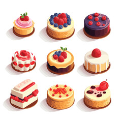 Vector set of delicious pastry with fruits icons against a neutral background