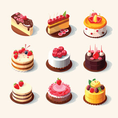 Vector set of delicious pastry with fruits icons against a neutral background