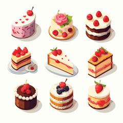 Vector set of delicious pastry with fruits icons against a neutral background