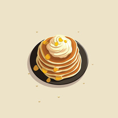Vector of pancakes with butter and syrup on top of a plate