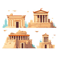Vector illustration of ancient Greek ruins and temples on a white background