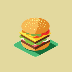 Illustration of a hamburger featuring a juicy patty, lettuce, tomato, and cheese