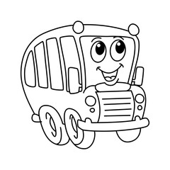 Funny school bus cartoon characters vector illustration. For kids coloring book.
