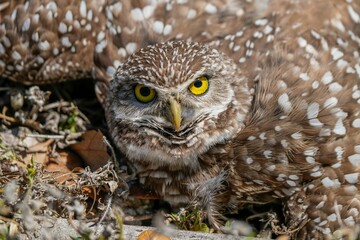Closeup of a burrowing owl staring at a camera