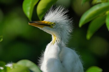 Closeup of a great egret perched on greenery in a field with a blurry background