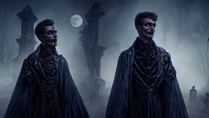 Dark fantasy illustration of scary vampire character, dark background. 4K wallpaper