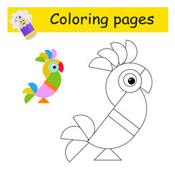 Coloring pages. Cartoon parrot vector. Illustration for children education.