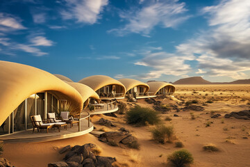 Fototapeta na wymiar Eco-friendly ecolodge or eco-lodge desert with sustainable houses that blend harmoniously with the desert landscape