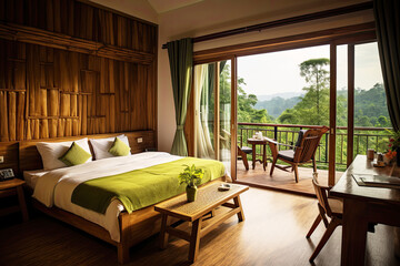 Ecolodge or eco-lodge hotel interior with forest view, creating a serene and relaxing ambiance, surrounded by the natural beauty - obrazy, fototapety, plakaty