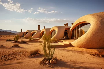 Poster Eco-friendly ecolodge or eco-lodge desert with sustainable houses that blend harmoniously with the desert landscape © zakiroff