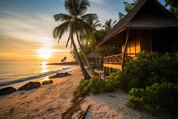 Eco-lodge or ecolodge house with sunset, ocean and beach view, ecotourism concept