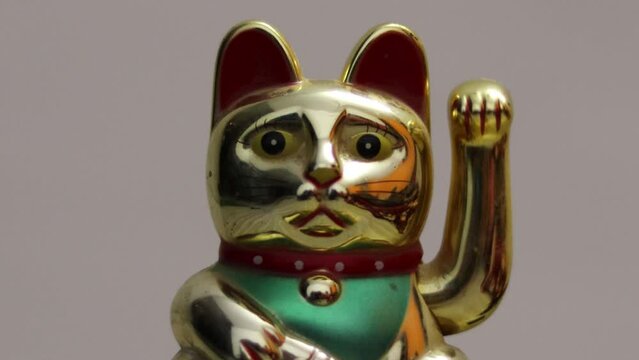 Close Up Video Of a Japanese Maneki Neko come come Cat in golden colour