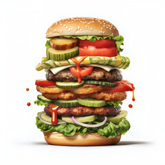 Illustration, Huge burger, Tomato, Pickles, Patty, Ketchup, Lettuce, Ingredients, Fast food, Cheeseburger, Hamburger, Food illustration, Delicious