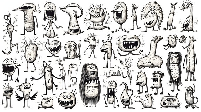 monsters. Funny line hand-drawn aliens for coloring pages. Flat illustration generativ ai