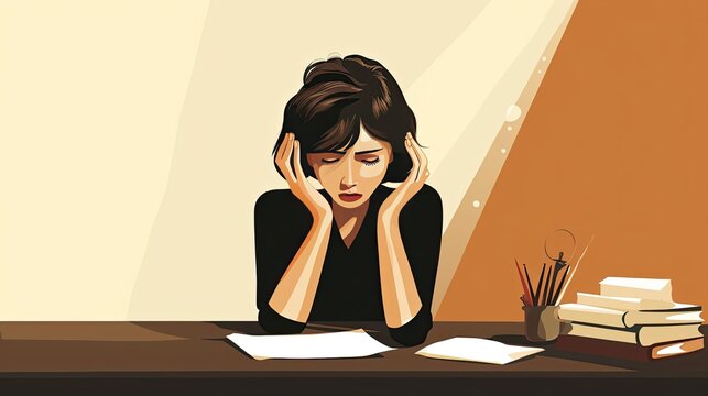 Illustration of a businesswoman stressed out at work. Depicting concept of struggling with mental health and/or addiction.