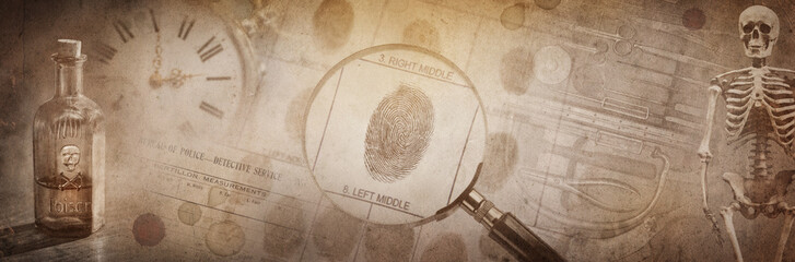 Magnifier, fingerprint, blood drops, poison, medical instrument, skeleton, police form.  Background on the theme of crime, police, detective, investigation, consequent; inquiry; inquest.  - obrazy, fototapety, plakaty