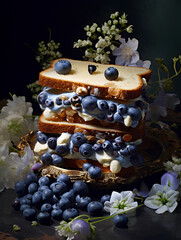 Fototapeta premium layered sandwich with blueberry cream, blueberry dessert, dessert and flowers on the table, black background