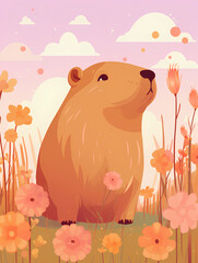 cute capybara against a soft pink sky background in a field with beautiful pink and orange flowers illustration