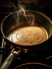 pan with oil on the stove, heated pan with oil, cooking process on the pan, pan on the gas stove, darkened photo