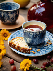 tea in a blue cup with a blue saucer with a piece of cake, a photo of a drink, a cup of tea and a dessert, a wooden table with flowers and tea, yellow flowers on a table with tea