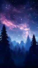 Fototapeta na wymiar Aesthetic gradient cosmic violet and pink starry sky with silhouette forest trees landscape phone hd wallpaper ai generated