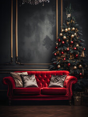 New Year's photo zone with a velor red sofa, dark gray wallpaper, a Christmas tree, a crystal chandelier
