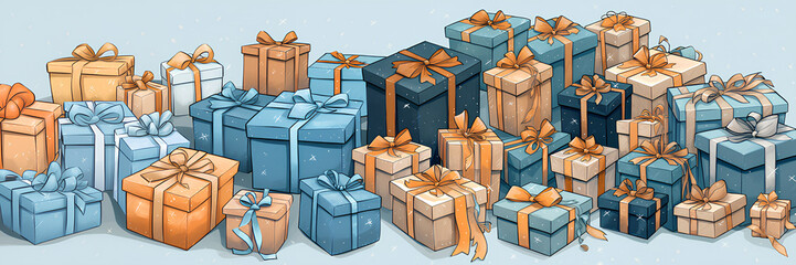 gifts for the new year, gift wrapping for the holidays, packaging in blue and gold color, illustration of gift boxes