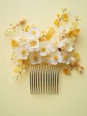 hair pin, hair comb with white flowers, hair clip with white flowers, hair accessories, close-up shot of hair accessories, yellow background