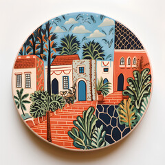 an example of decorating a ceramic plate, a hand-painted ceramic plate, a decorative plate, an accessory for home decor, a plate painted with Italian motifs, a hand-painted plate