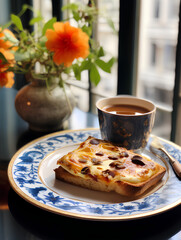 Casserole on a plate with a blue border, a cup of tea and a cake, an objective shot of a dessert in a restaurant, a photo of a homemade dessert, tea with dessert, flowers, coffee and a cake