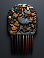dark brown hair clip comb with the image of a bird. and flowers, wooden hair comb, hair accessories, studio subject photography of accessories