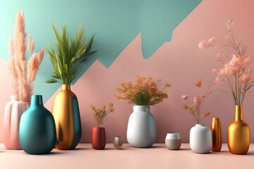 Assorted decorative vases placed on a colorful background add aesthetic details to an interior space