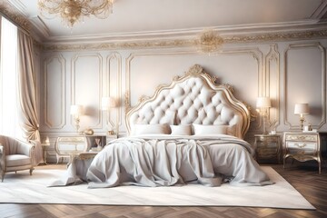 Luxury rich bedroom interior in light colors. Big comfortable double royal bed with different pillows in elegant classic interior