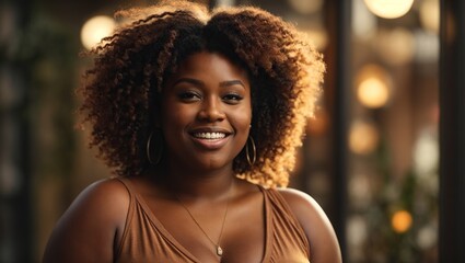 An african american plus-size bodypositive woman poster with copy space - Fictional Person, Generative AI.