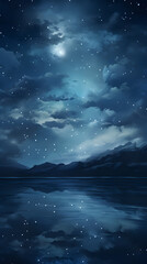 Fototapeta na wymiar Midnight moonlight magical cloudscape with starry sky and calm river hd phone wallpaper ai generated
