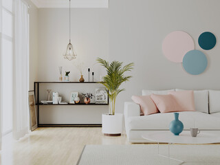 3d Render Contemporary, modern and cozy living room, inspired by pink and blue and gray details.