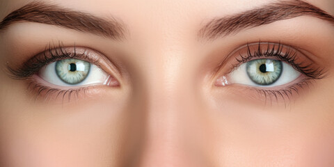 Obraz premium Young beautiful woman with blue eyes, closeup detail to her face, both iris visible. Generative AI