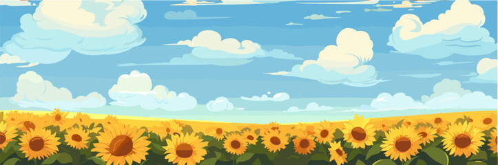 Fototapeta na wymiar Sunflower field on beautifull hills panorama, sunny summer day landscape.