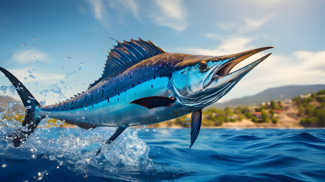 Blue Marlin fish jumping out of ocean water. Generative AI