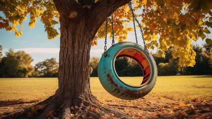 Abwaschbare Fototapete Fahrrad A transformation from an old car tire to a fun and colorful outdoor swing. Bright, daylight setting for the after image