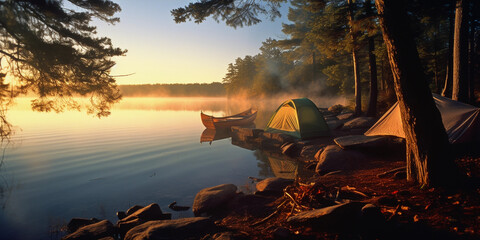 An early morning scene of a lakeside campsite, vintage canoe resting by the shore, steaming coffee pot over a campfire, dew - kissed tent, sunrise over the calm lake, mist rising from the water