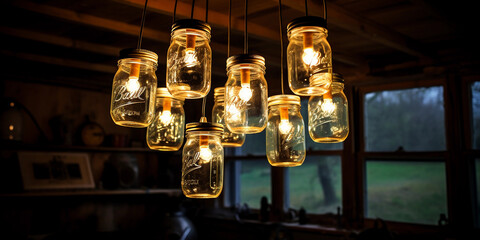 An upcycled chandelier made from mason jars in a rustic kitchen setting. Warm, ambient lighting. Before image showing scattered materials on a wooden table - Powered by Adobe