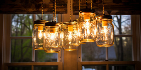 An upcycled chandelier made from mason jars in a rustic kitchen setting. Warm, ambient lighting. Before image showing scattered materials on a wooden table