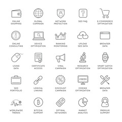 Digital marketing and SEO line icons set. Marketing & Search Engine Optimization outline icons collection. Website, search, mail, analysis, content, strategy, development, store - stock vector.
